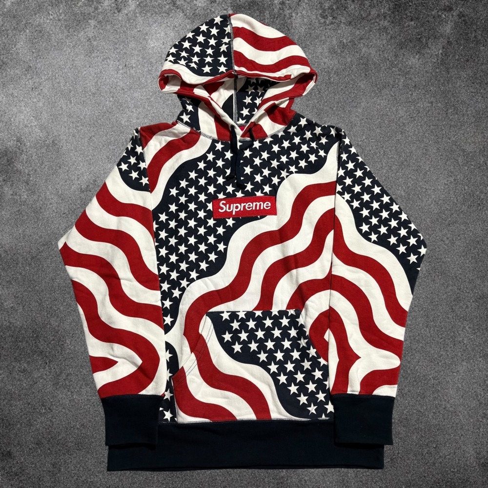 Supreme Box Logo Hoodie Mens Medium American Flag Stars Stripes Pullover FW14